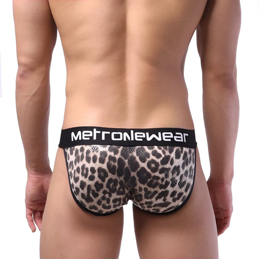 Leopard-print mesh briefs with black metronewear logo waistband in brown metro malewear animal bikini 3004-60 design