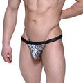 Black and gray leopard-print briefs with smooth stretchy fabric waistband from MetroMaleWear Animal String Silver 1014-61