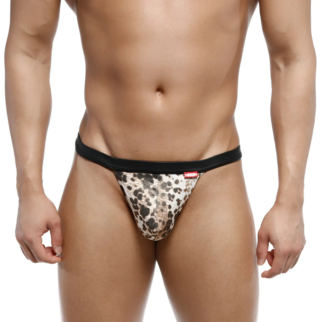 Leopard-print thong with black elastic waistband by metromalewear animal string tiger 1014-62 showing front side
