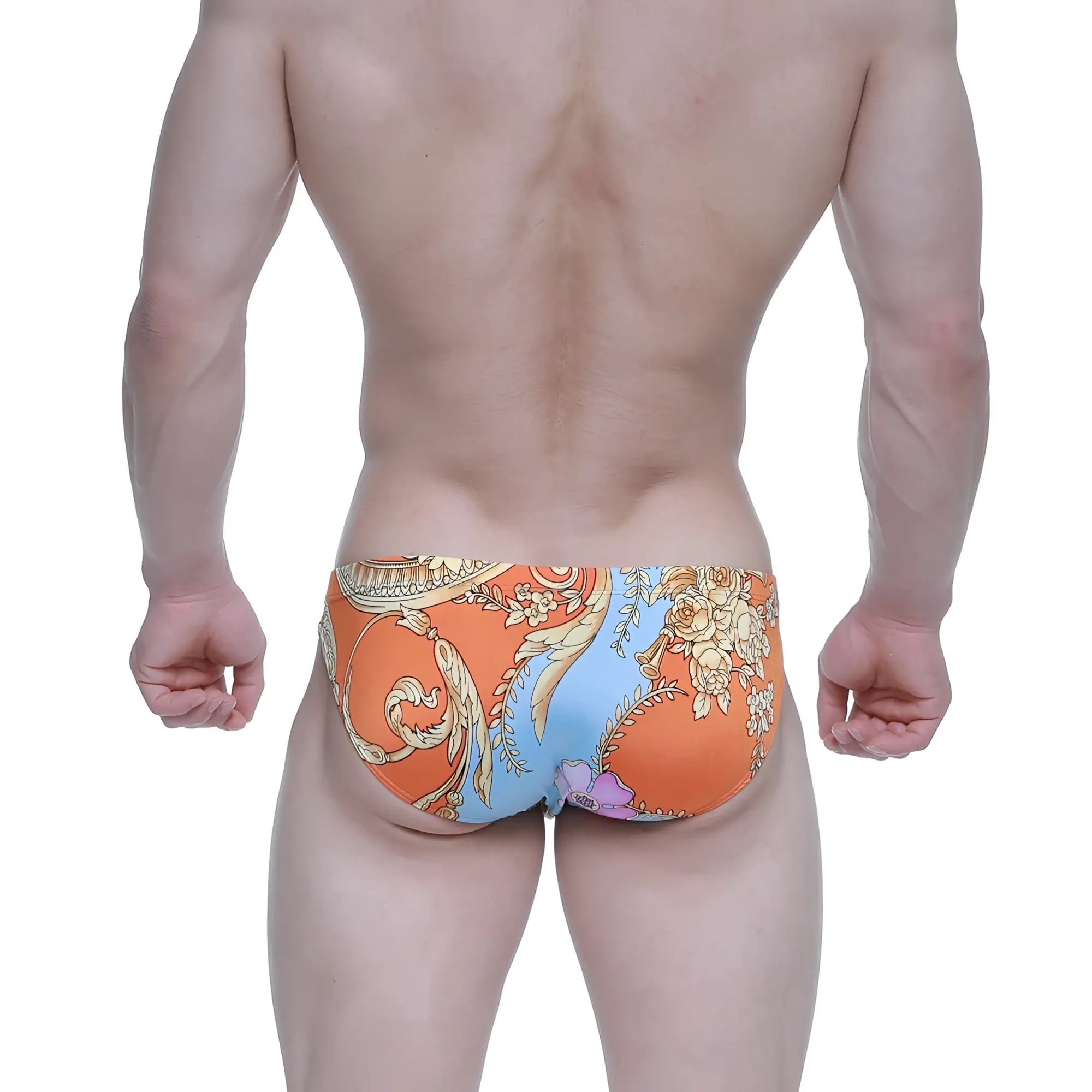 Orange and blue patterned swim trunks with ornate floral design metro malewear antique bikini 5103-m68