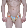 MetroMaleWear antique bikini 5103-M68 swim trunks in orange and light blue with gold floral patterns