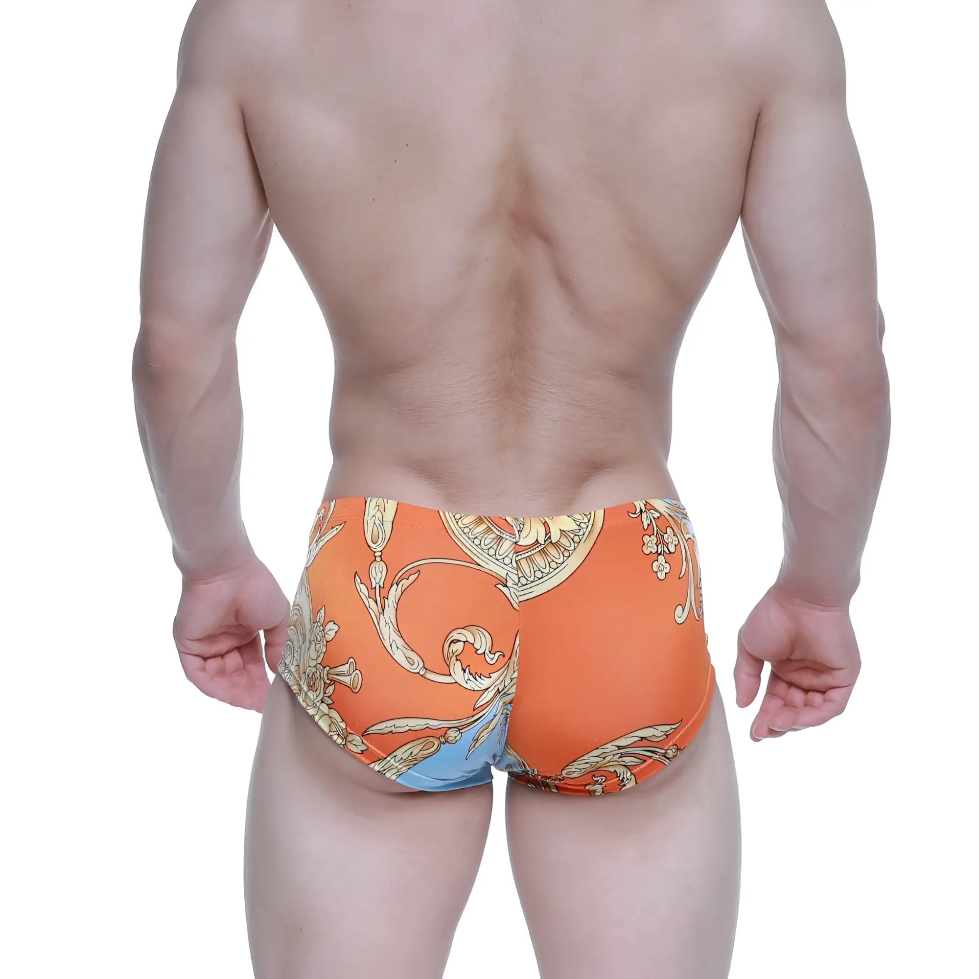 Orange swim trunks with gold and blue ornate baroque-style pattern by metromalewear antique trunk 2125-65