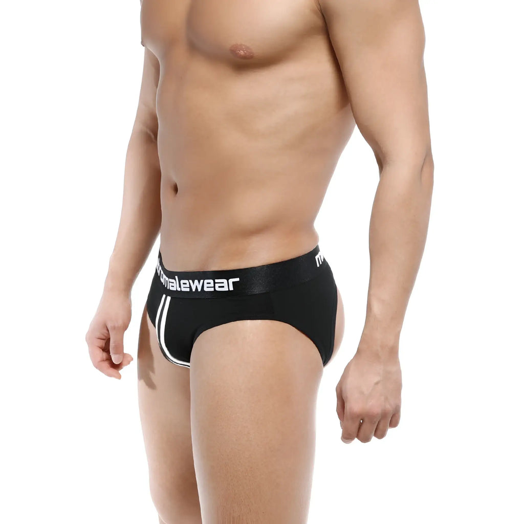 Black men’s briefs with white piping and malewear logo on waistband from MetroMaleWear Apolo Jock Strap Black 5001-20