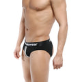 Black men’s briefs with white piping and malewear logo on waistband from MetroMaleWear Apolo Jock Strap Black 5001-20