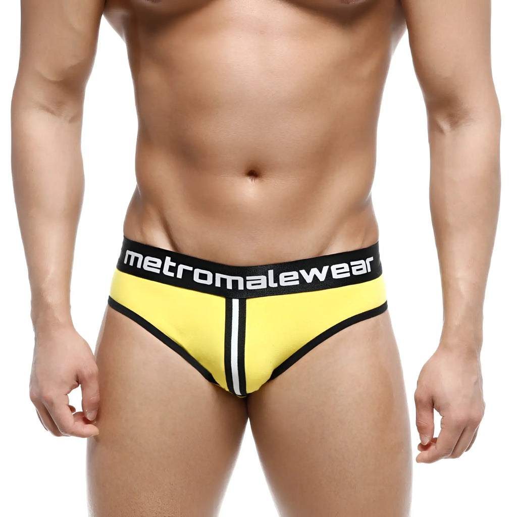 Bright yellow metroMaleWear apolo jock strap 5001-15 with black trim white stripe and branded waistband