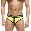 Bright yellow metroMaleWear apolo jock strap 5001-15 with black trim white stripe and branded waistband