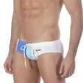 MetroMaleWear Aqua White swim brief 4917-00 featuring white and light blue swim trunks with a drawstring waistband