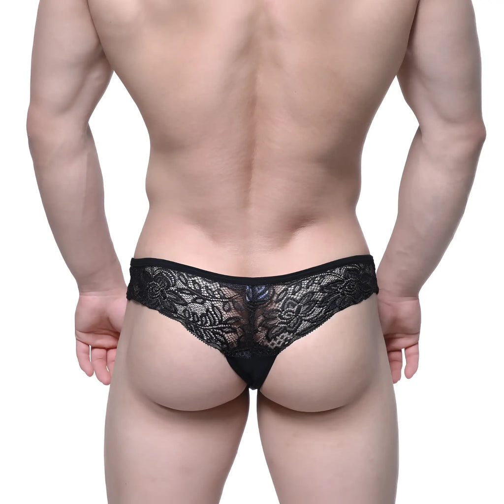 Black lace thong metroMalewear Aragon 1152-20 with intricate floral patterns and sheer delicate design