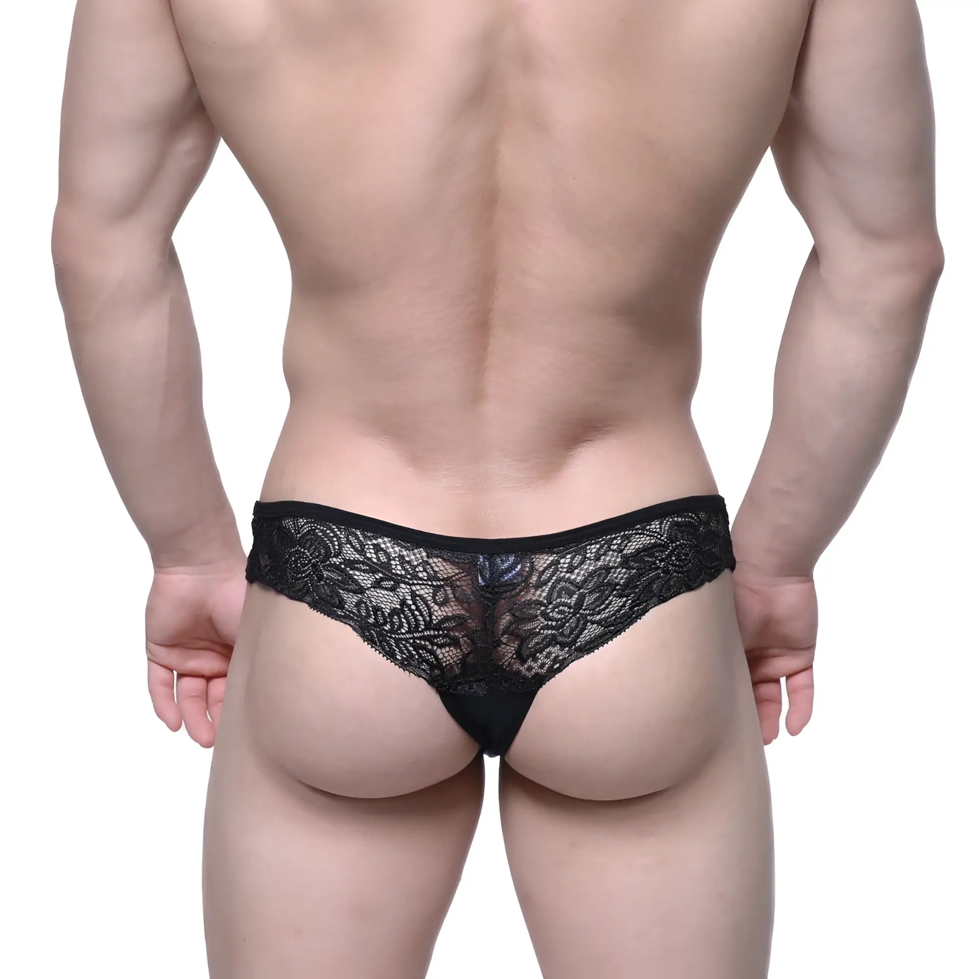 Black lace thong metroMalewear Aragon 1152-20 with intricate floral patterns and sheer delicate design
