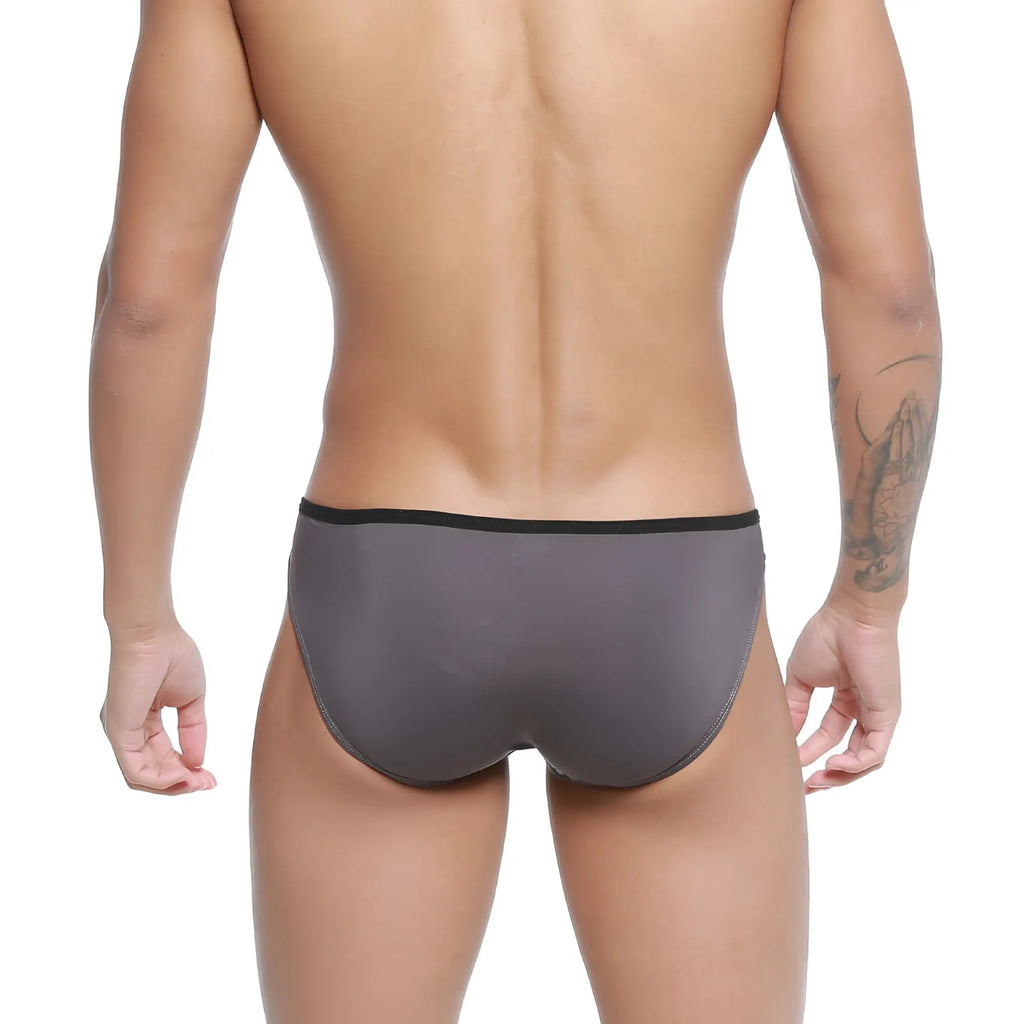 Gray MetroMaleWear Arc bikini briefs with black elastic waistband in charcoal color for comfortable daily wear