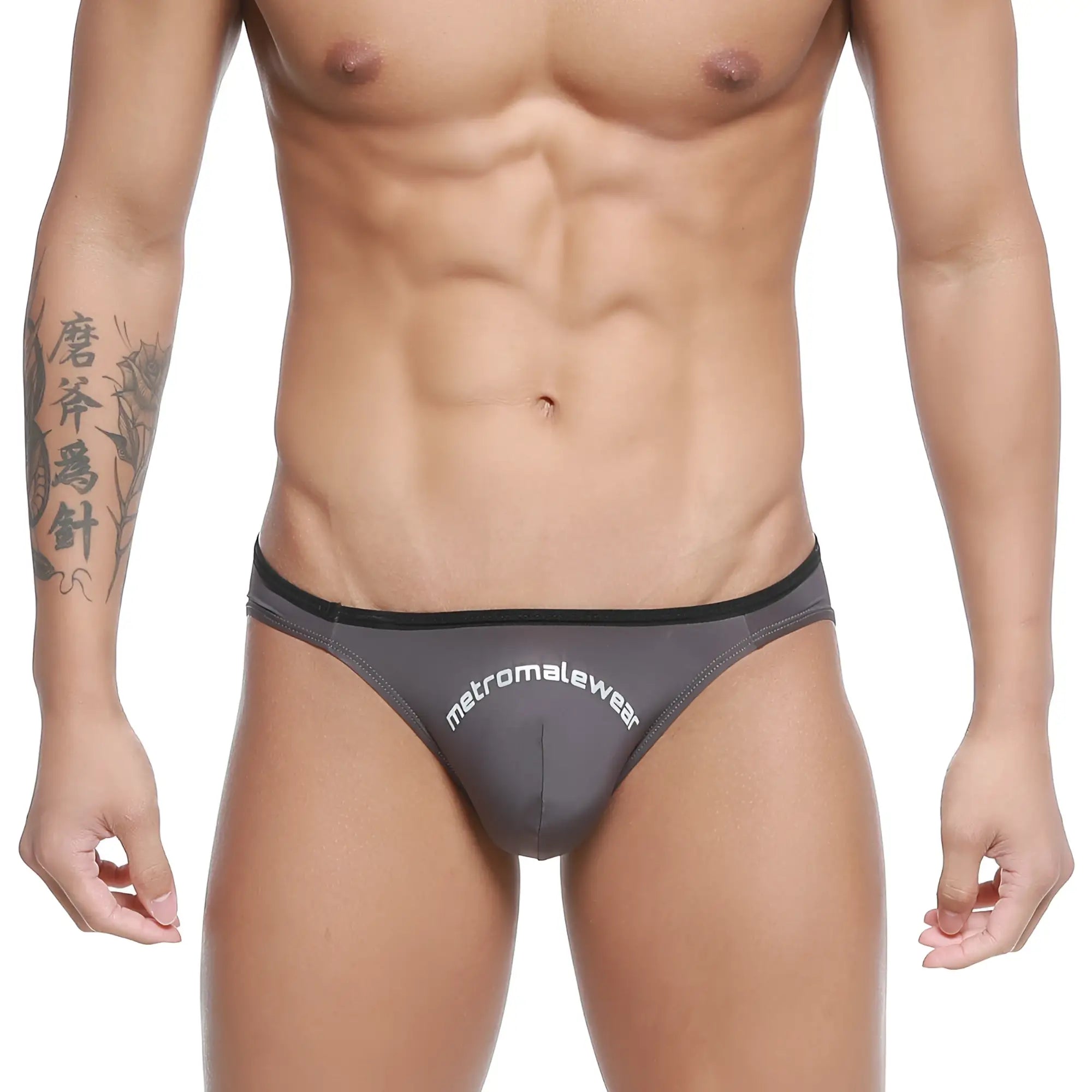 Gray MetroMaleWear Arc bikini briefs with black trim and white branding designed for comfort and style