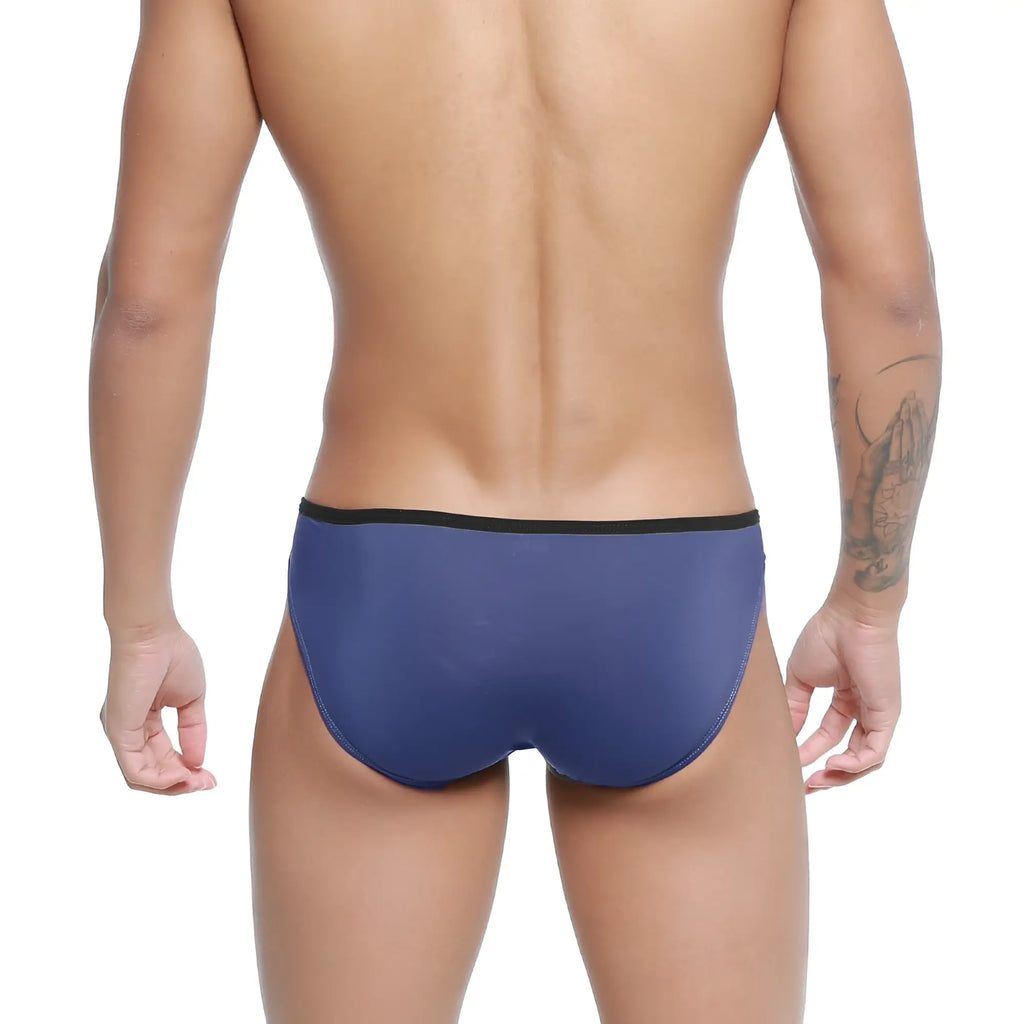 Navy blue metro male wear arc bikini briefs with black elastic waistband designed for comfortable daily wear