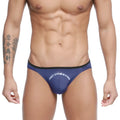 Navy blue metro male wear arc bikini briefs with black trim and white logo for comfortable daily wear