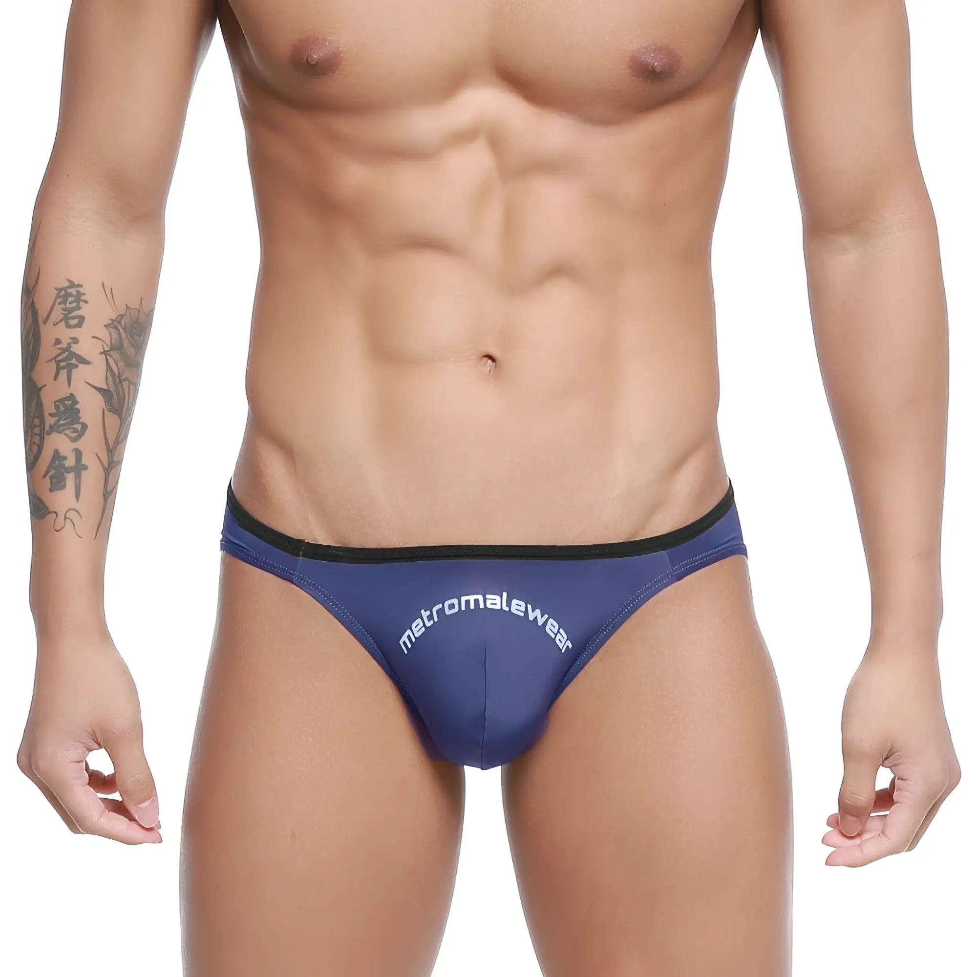 Navy blue metro male wear arc bikini briefs with black trim and white logo for comfortable daily wear