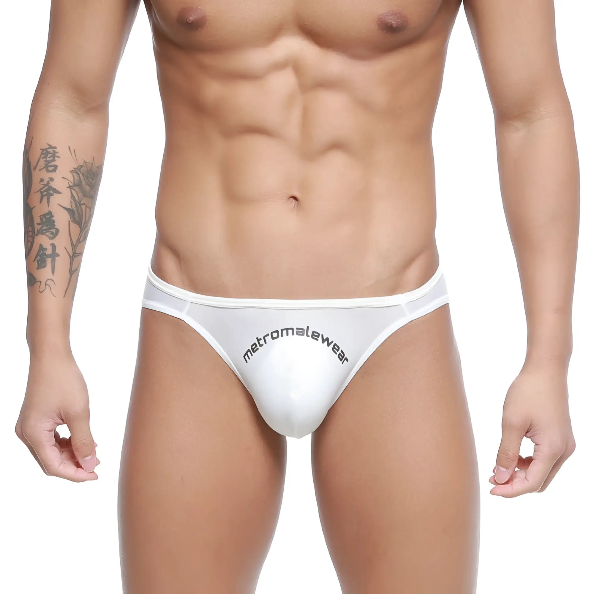 White metromalewear arc bikini thong with black branding on the front made from soft microfiber for daily wear