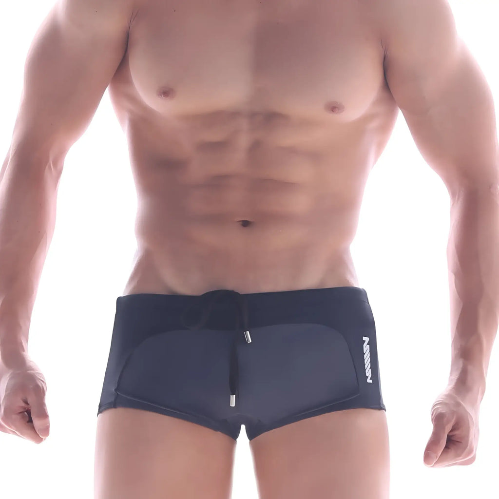 Dark navy MetroMaleWear Arc Swim boxer with sleek modern design and white logo on the side for swimming