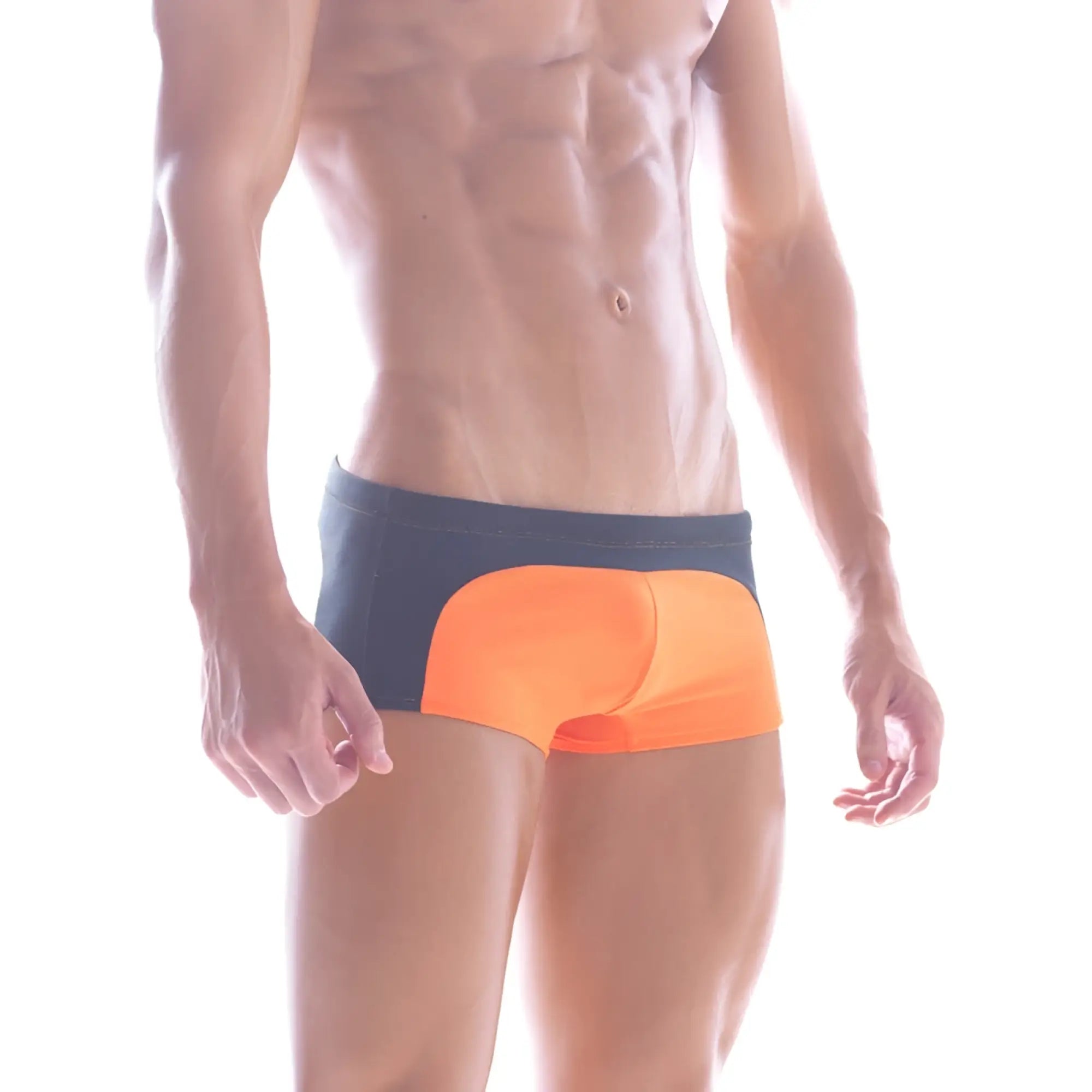 MetroMaleWear Arc swim boxer in bright orange and navy blue with modern two-tone design for swimming and beachwear