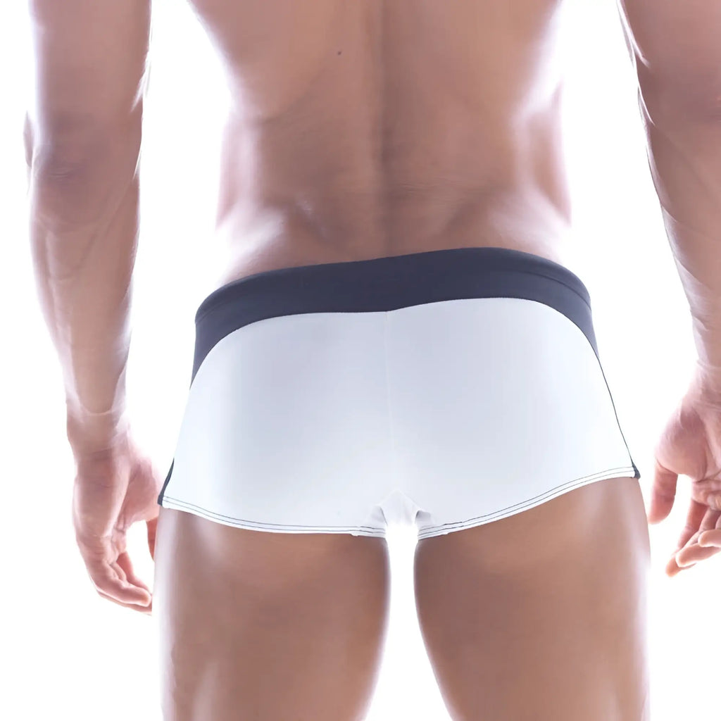 MetroMaleWear Arc swim boxer white with navy blue waistband and trim for men designed for swimming and beachwear