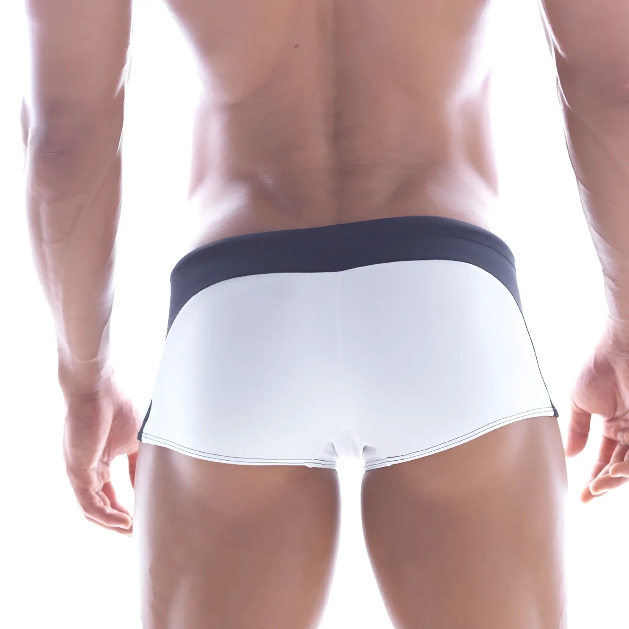 MetroMaleWear Arc swim boxer white with navy blue waistband and trim for men designed for swimming and beachwear