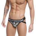 Silver metallic mesh briefs with black elastic waistband featuring metromalewear branding from armour jockstraps 2901-05
