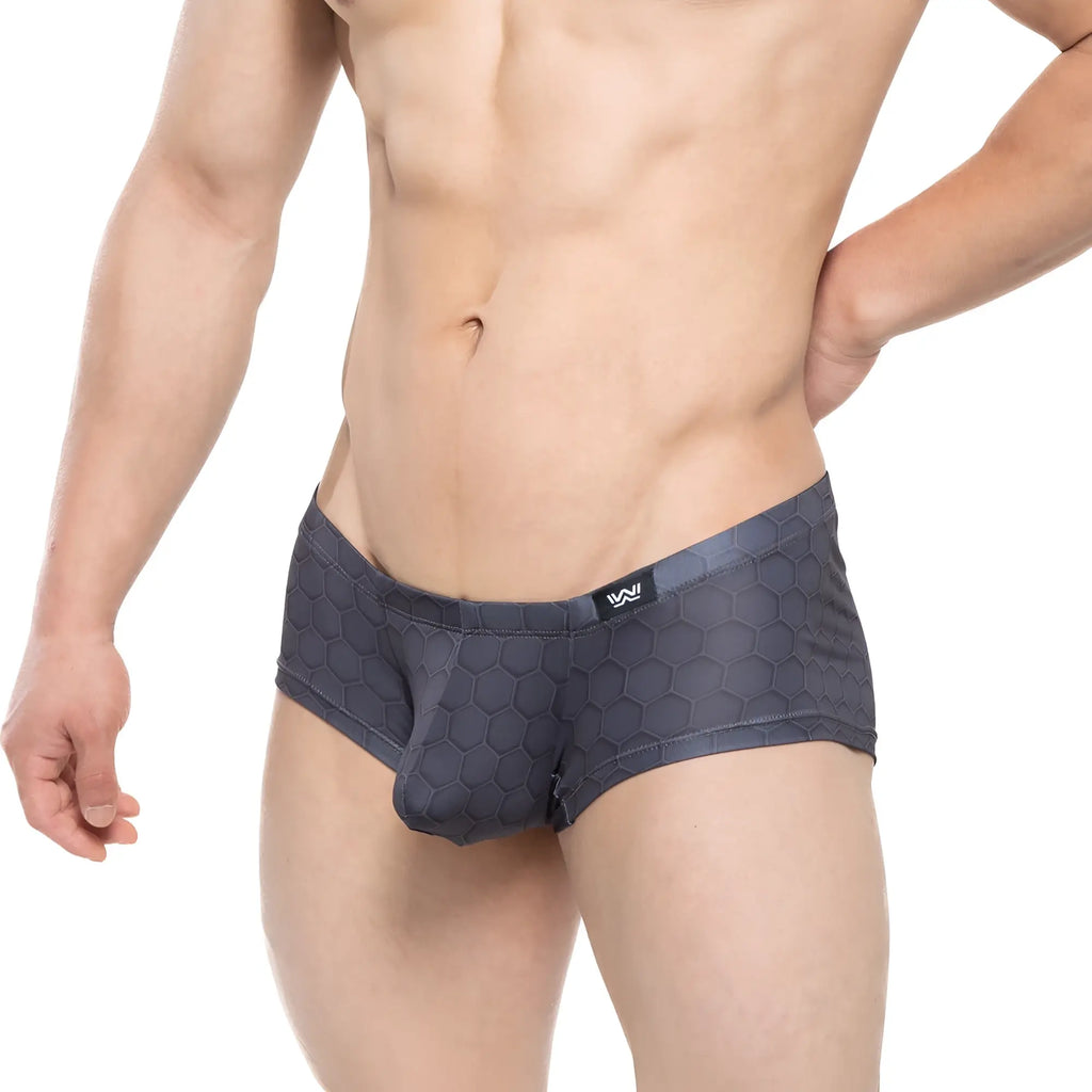 Dark gray hexagonal-patterned men’s briefs with branded waistband label metro male wear armour trunk 2125-43