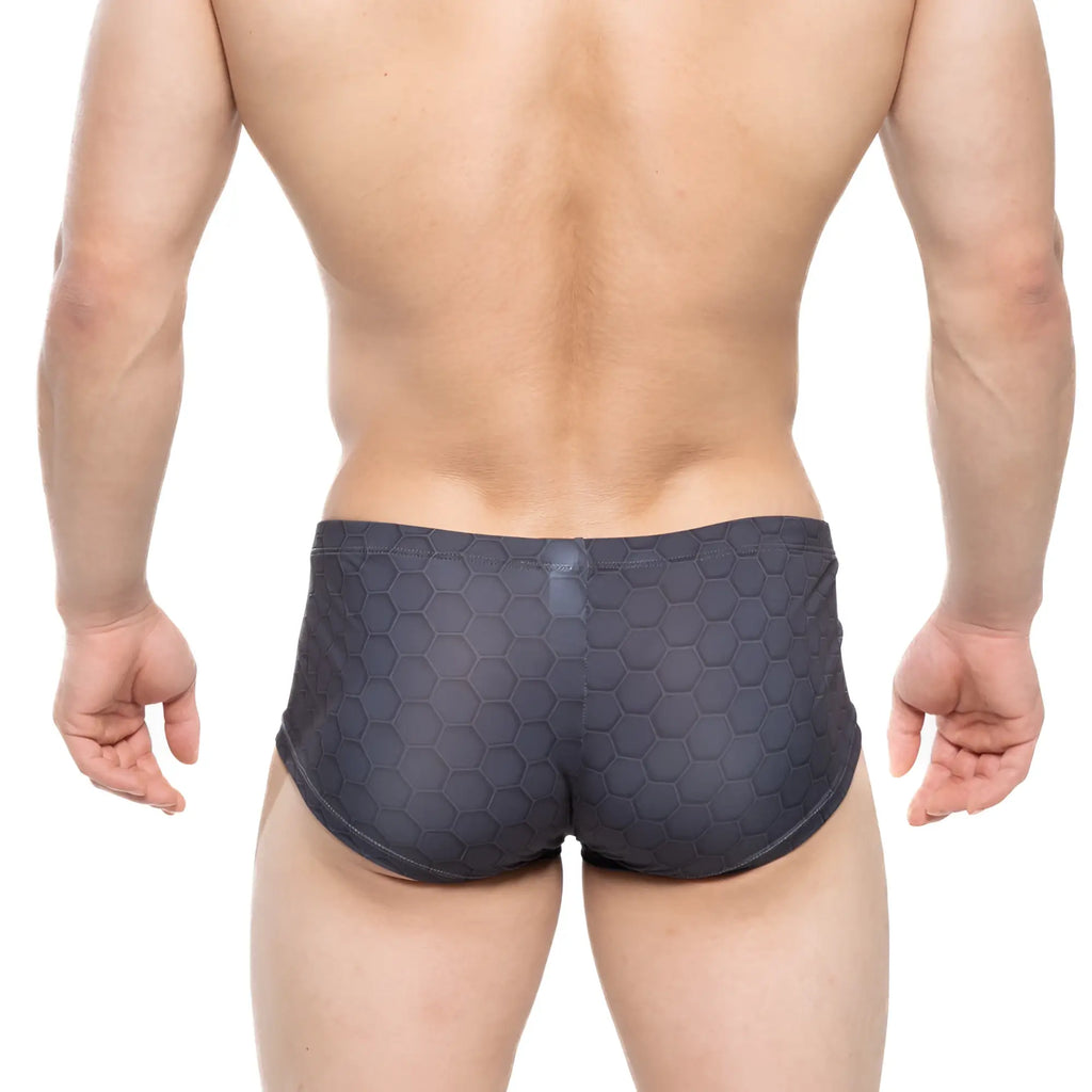 Dark gray MetroMaleWear Armour trunk 2125-43 swim trunks with textured hexagonal pattern for active use