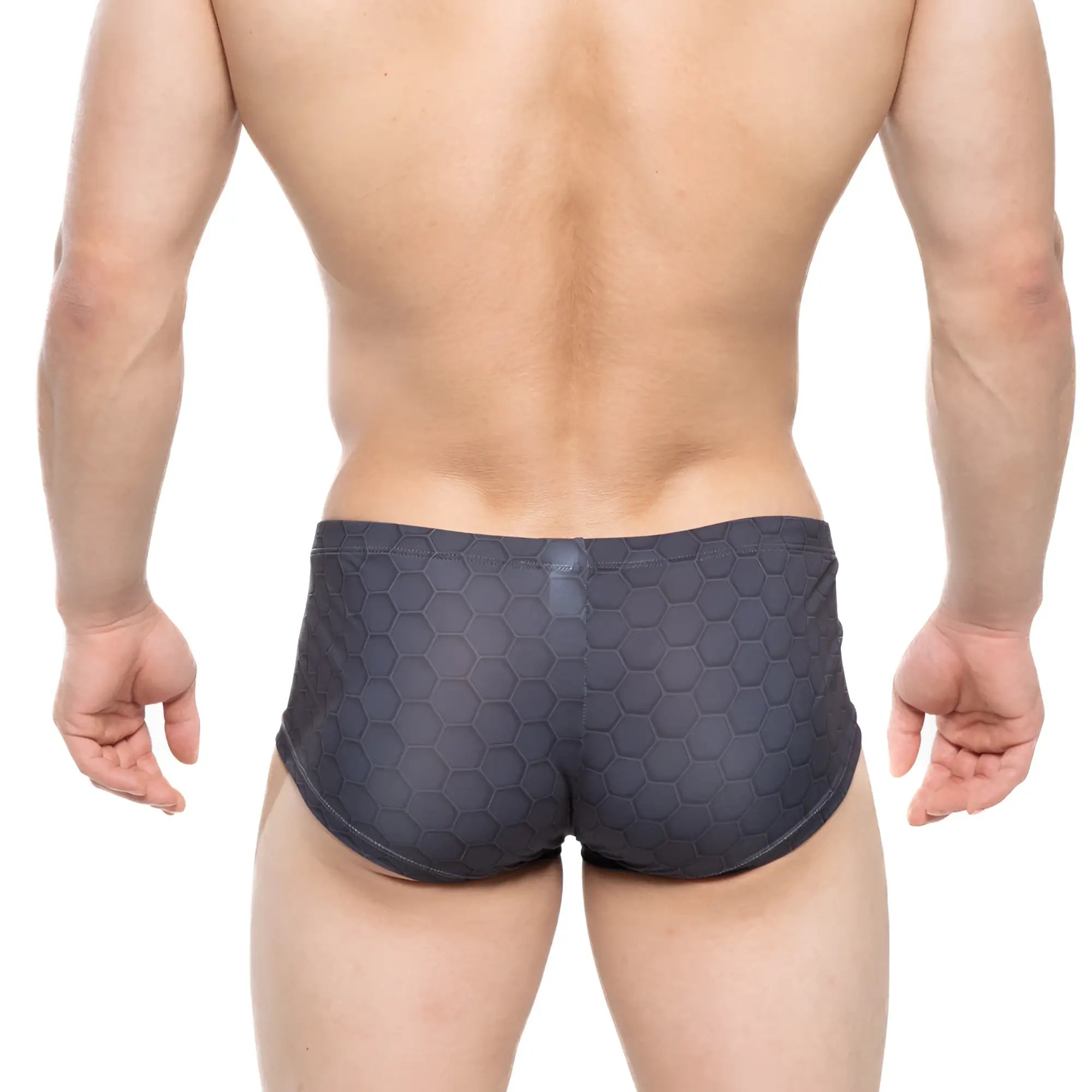 Dark gray MetroMaleWear Armour trunk 2125-43 swim trunks with textured hexagonal pattern for active use