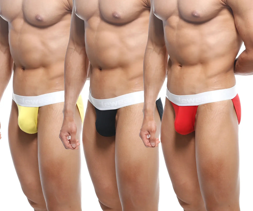 Three men’s athletic briefs in yellow black and red with white elastic waistbands from metromalewear asian bikini 3pack