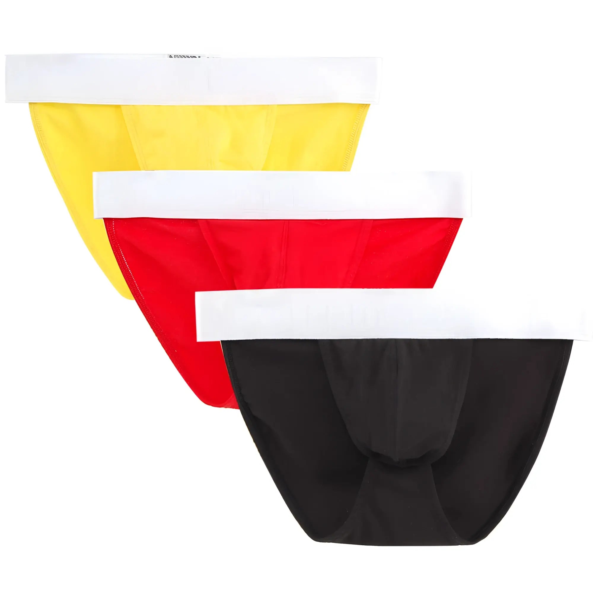 Three-pack of MetroMaleWear Asian bikini men’s briefs in yellow red and black with white elastic waistbands