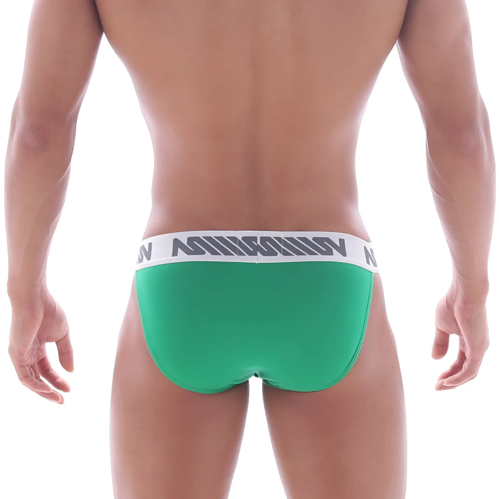 Green men’s briefs metro male wear asian bikini amazon green with white elastic waistband and gray logo