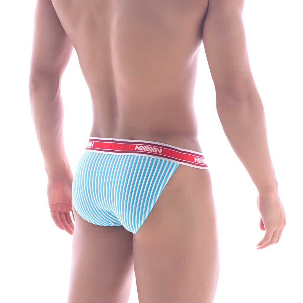 Light blue and white striped mens briefs with red waistband featuring metro malewear brand name model arco 3004-49