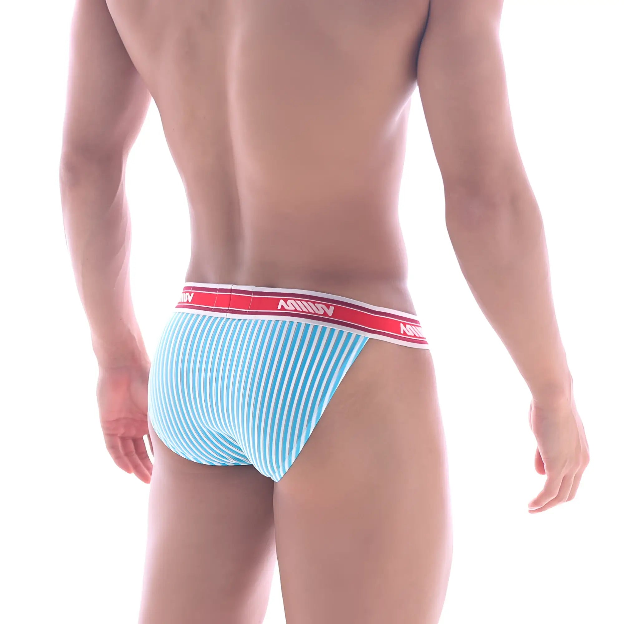 Light blue and white striped mens briefs with red waistband featuring metro malewear brand name model arco 3004-49