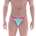 Light blue and white striped mens briefs with red aquav waistband metroamalewear asian bikini arco 3004-49