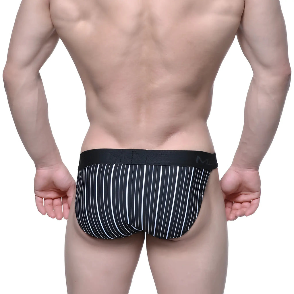 Black and white vertically striped men’s briefs with black elastic waistband and mema logo metroMalewear Asian bikini Austin 3004-85