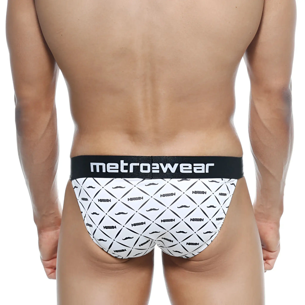 White briefs with black diamond pattern and mustache logos featuring metro2wear brand on waistband metroMalewear asian bikini caballero 3004-17