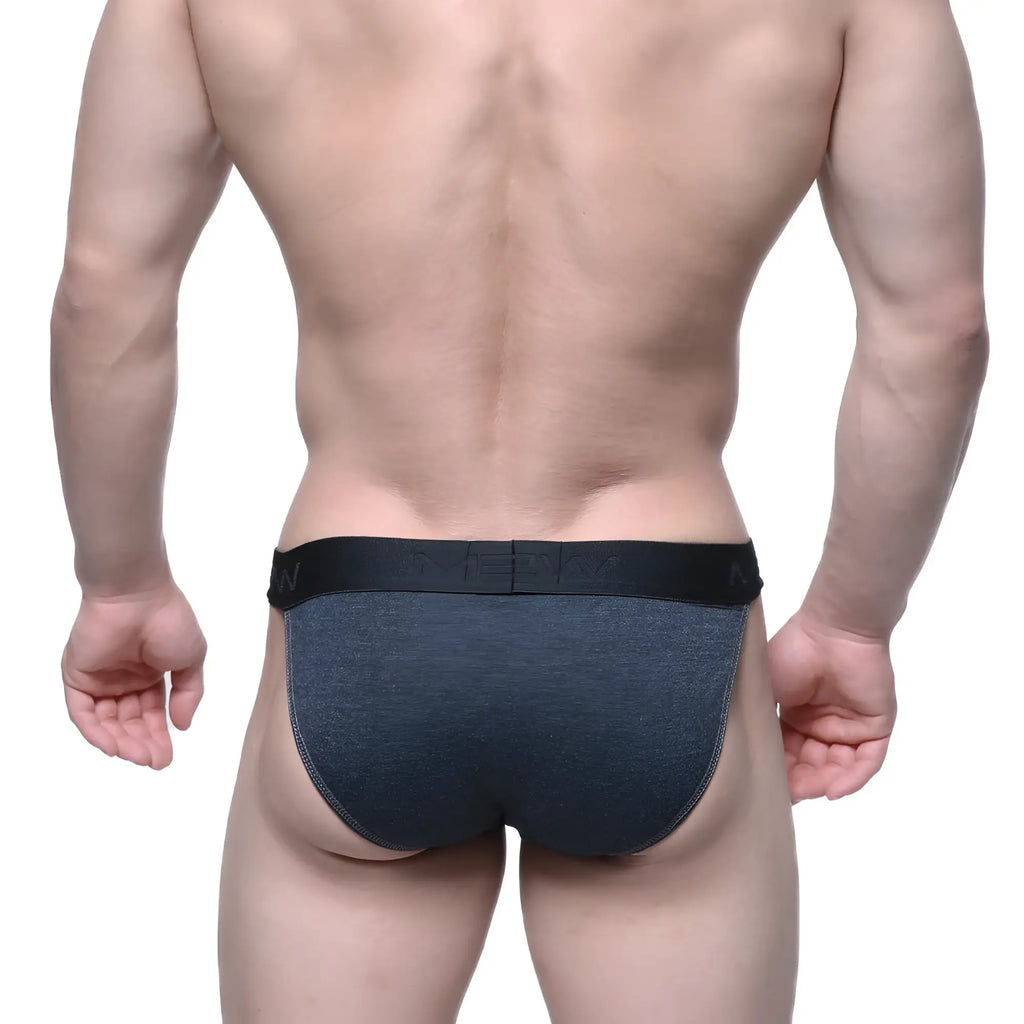 Dark gray heathered briefs with black elastic waistband featuring men logo from metromalewear asian bikini charcoal 3004-11