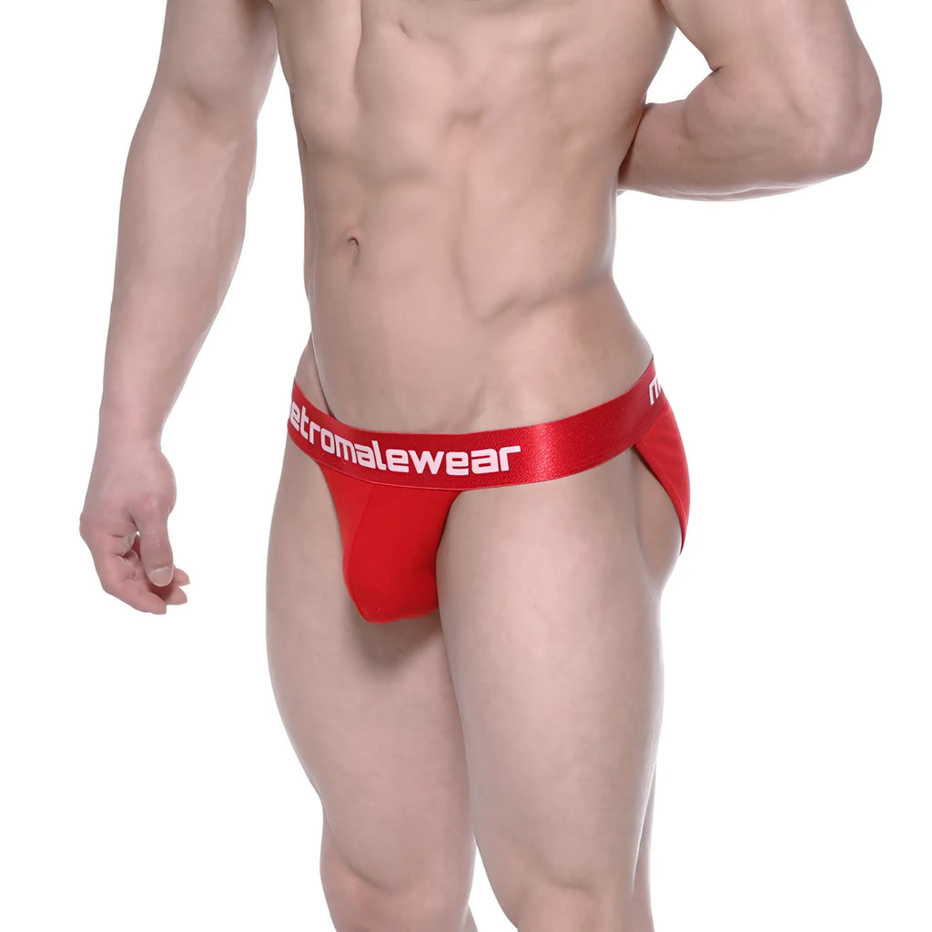 Red men’s briefs with a crimson satin-like waistband featuring metromalewear branding in asian bikini style