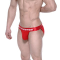 Red men’s briefs with a crimson satin-like waistband featuring metromalewear branding in asian bikini style