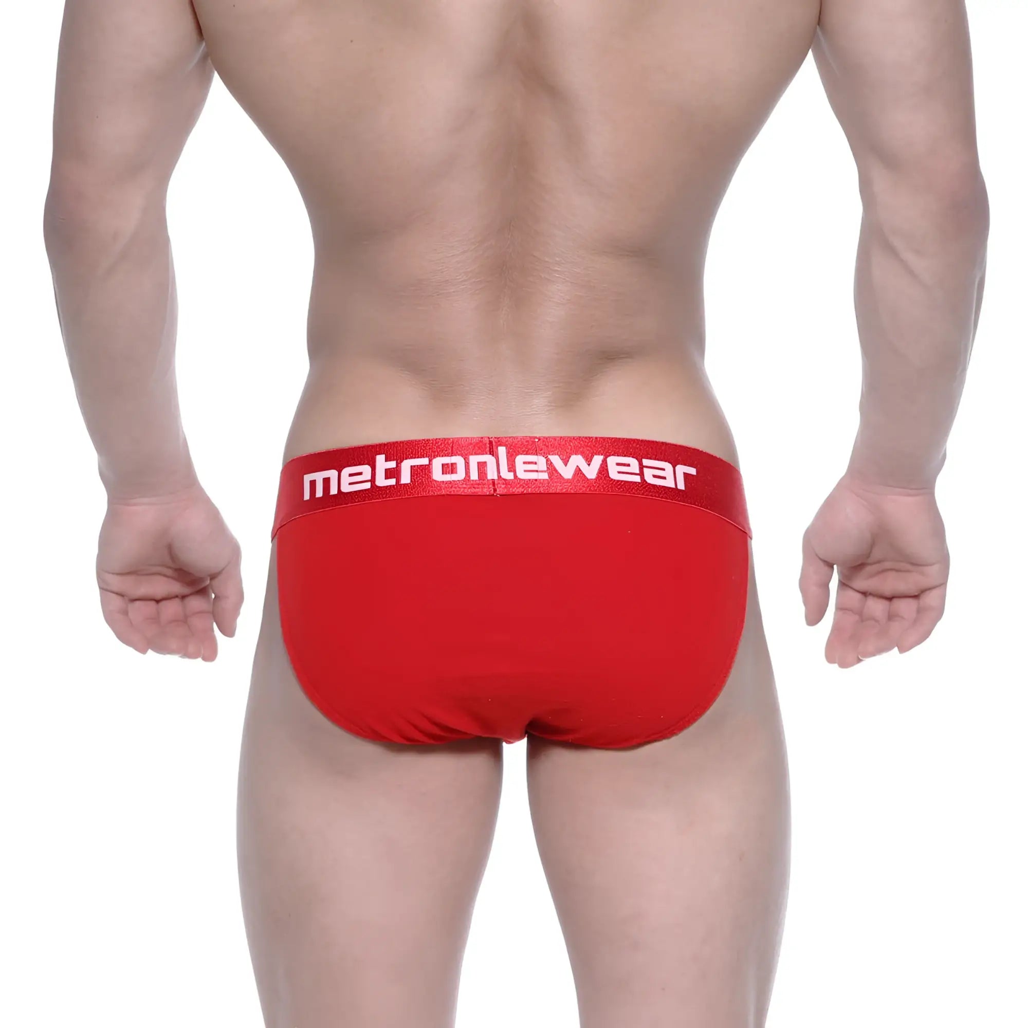 Red metromalewear asian bikini briefs in crimson with white logo waistband for comfortable everyday wear