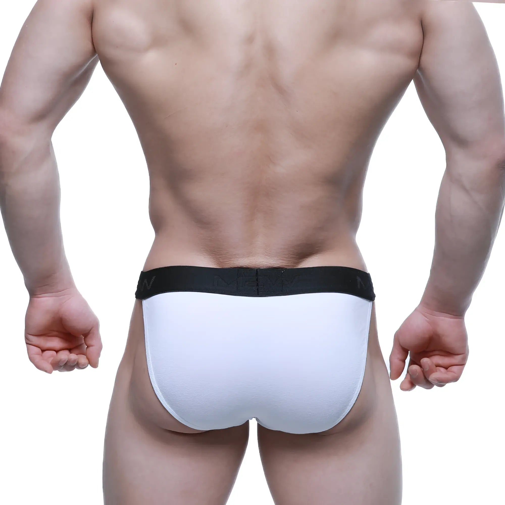 White briefs with black elastic waistband and subtle branding by metromalewear asian bikini cristalino 3004-70
