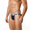 Navy blue MetroMaleWear Asian bikini briefs with white elastic waistband featuring black repeating text