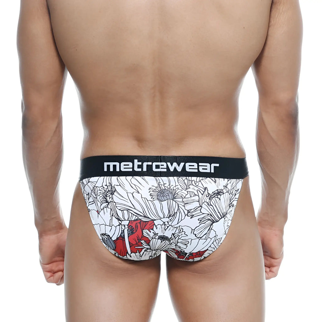 White and red floral patterned men’s briefs with black metrewear waistband from MetroMaleWear Asian Bikini Escobar 3004-48