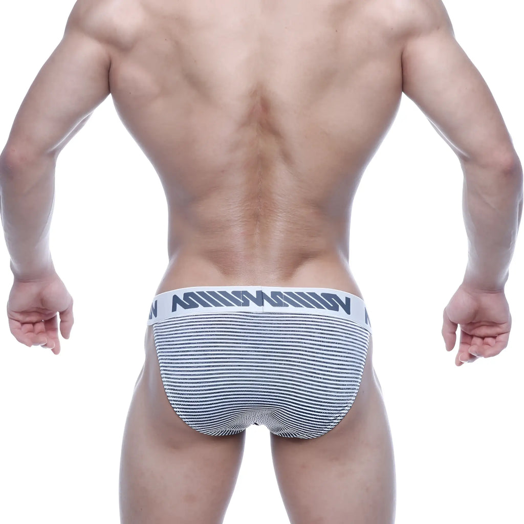 Gray and white striped mens briefs with bold black logo waistband metro male wear asian bikini gray stripe 3004-46