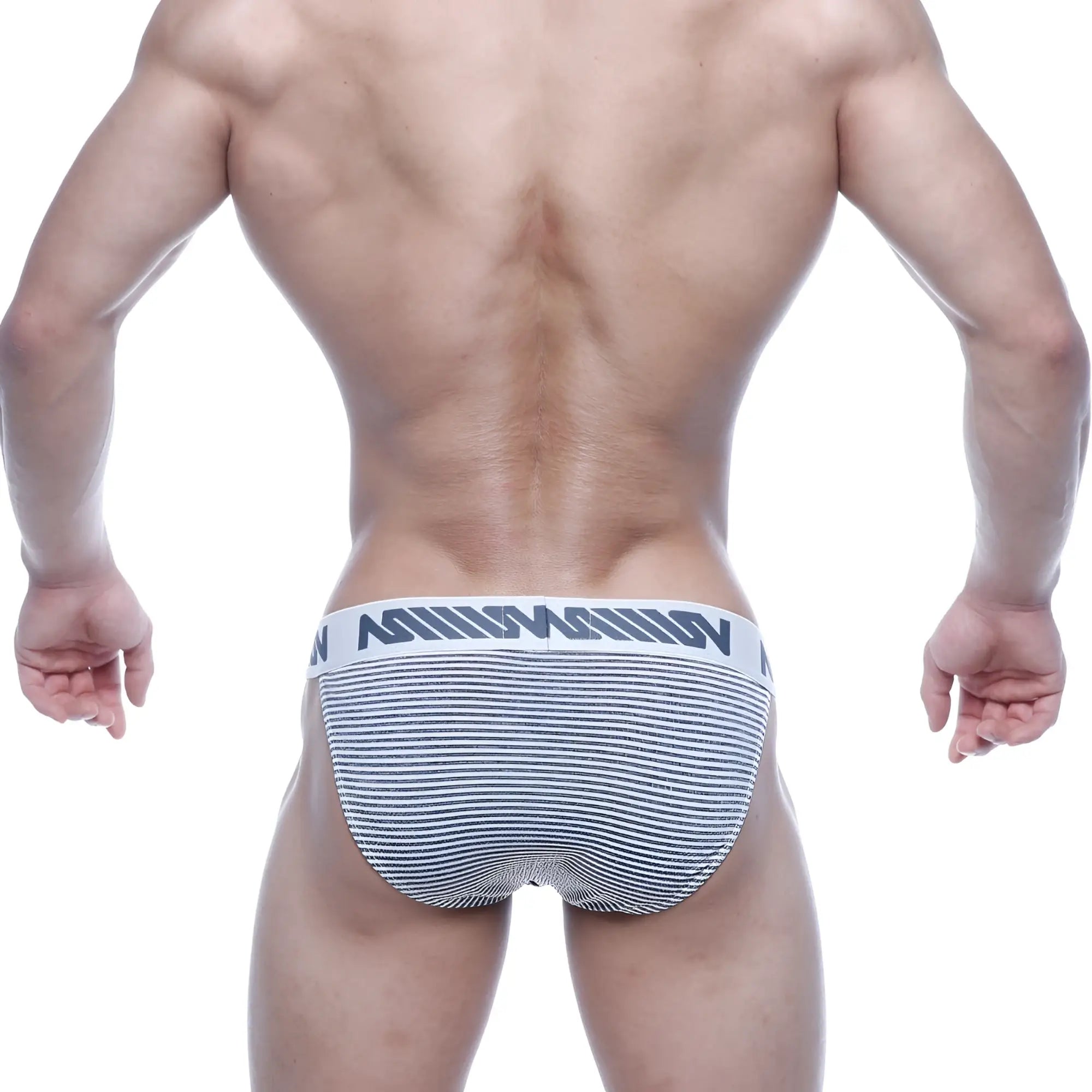 Gray and white striped mens briefs with bold black logo waistband metro male wear asian bikini gray stripe 3004-46