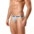 Gray heathered men’s briefs with white elastic waistband featuring black ammun branding metro male wear asian bikini gray