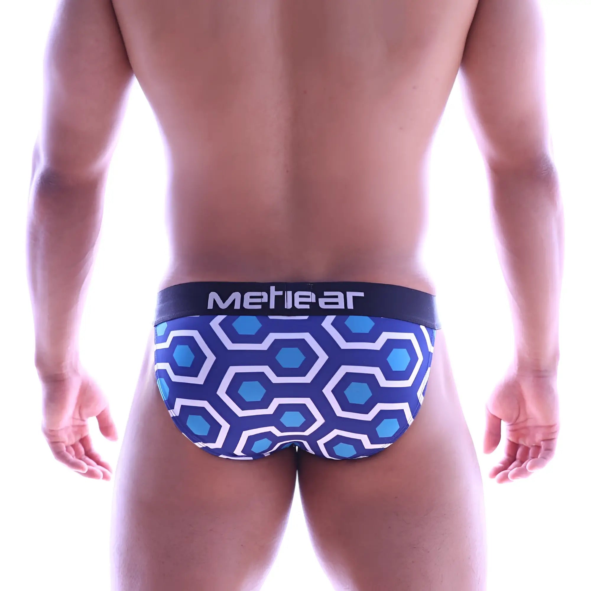 Blue and white hexagonal patterned men’s briefs with black methear waistband metro malewear asian bikini honeycomb 3004-61
