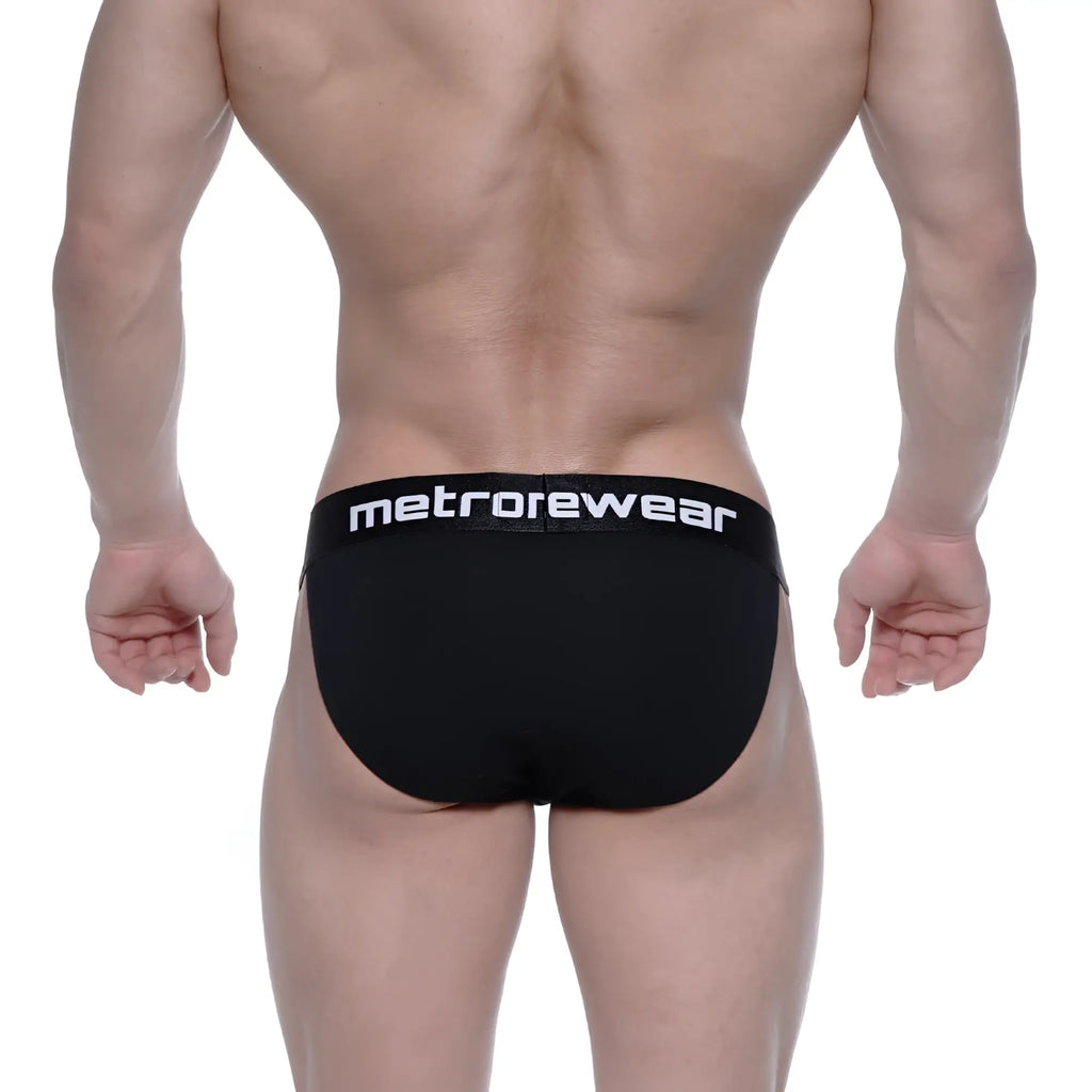 Black men’s briefs with white metrowear logo on waistband from MetroMaleWear Asian Bikini Intense 3004-21 collection