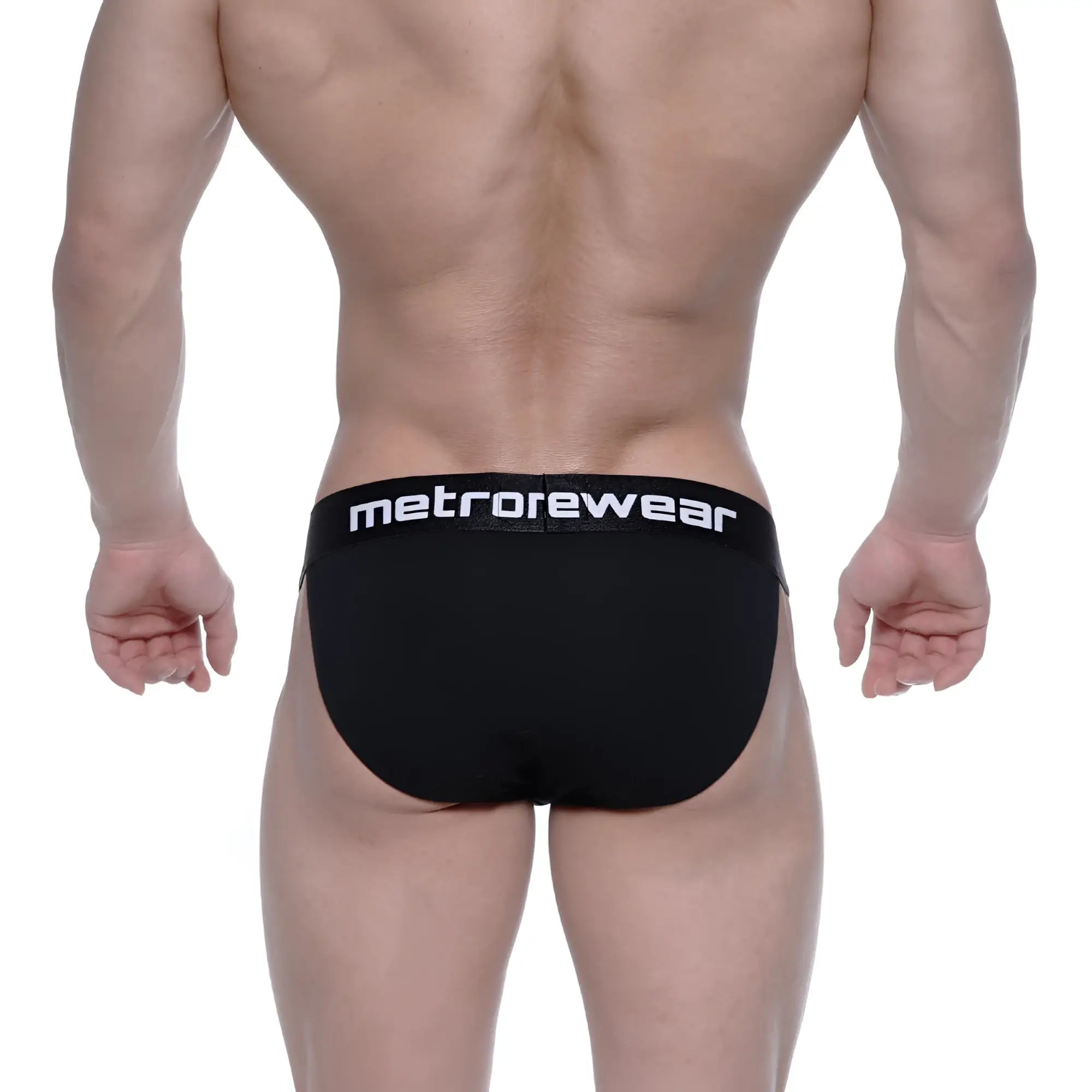 Black men’s briefs with white metrowear logo on waistband from MetroMaleWear Asian Bikini Intense 3004-21 collection