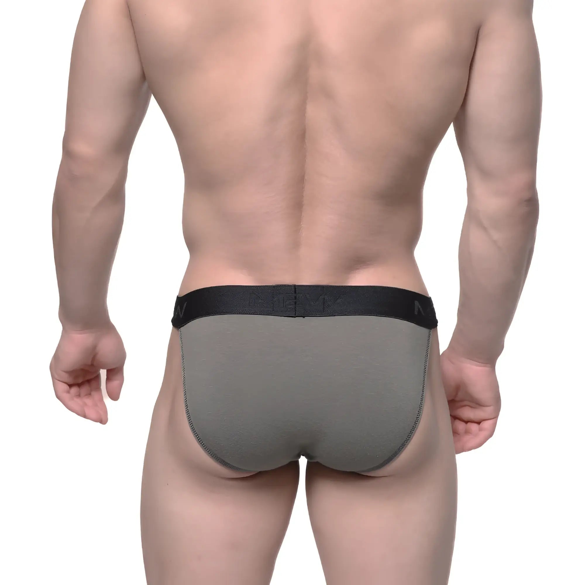 Gray athletic briefs with black elastic waistband featuring metro malewear logo in asian bikini style khaki 3004-26
