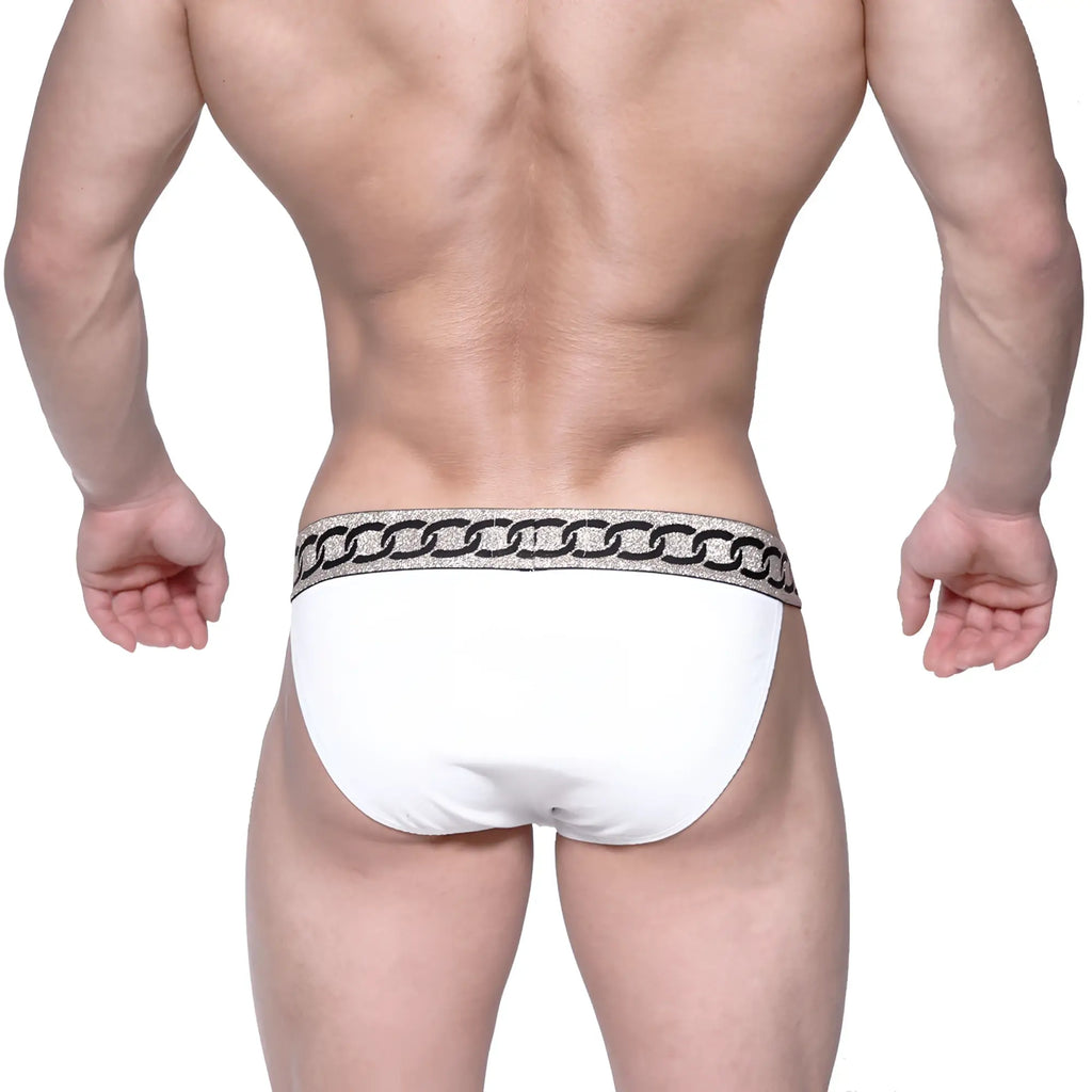White briefs with glittery silver chain-link waistband from MetroMaleWear Asian bikini metal white 3004-M00 product
